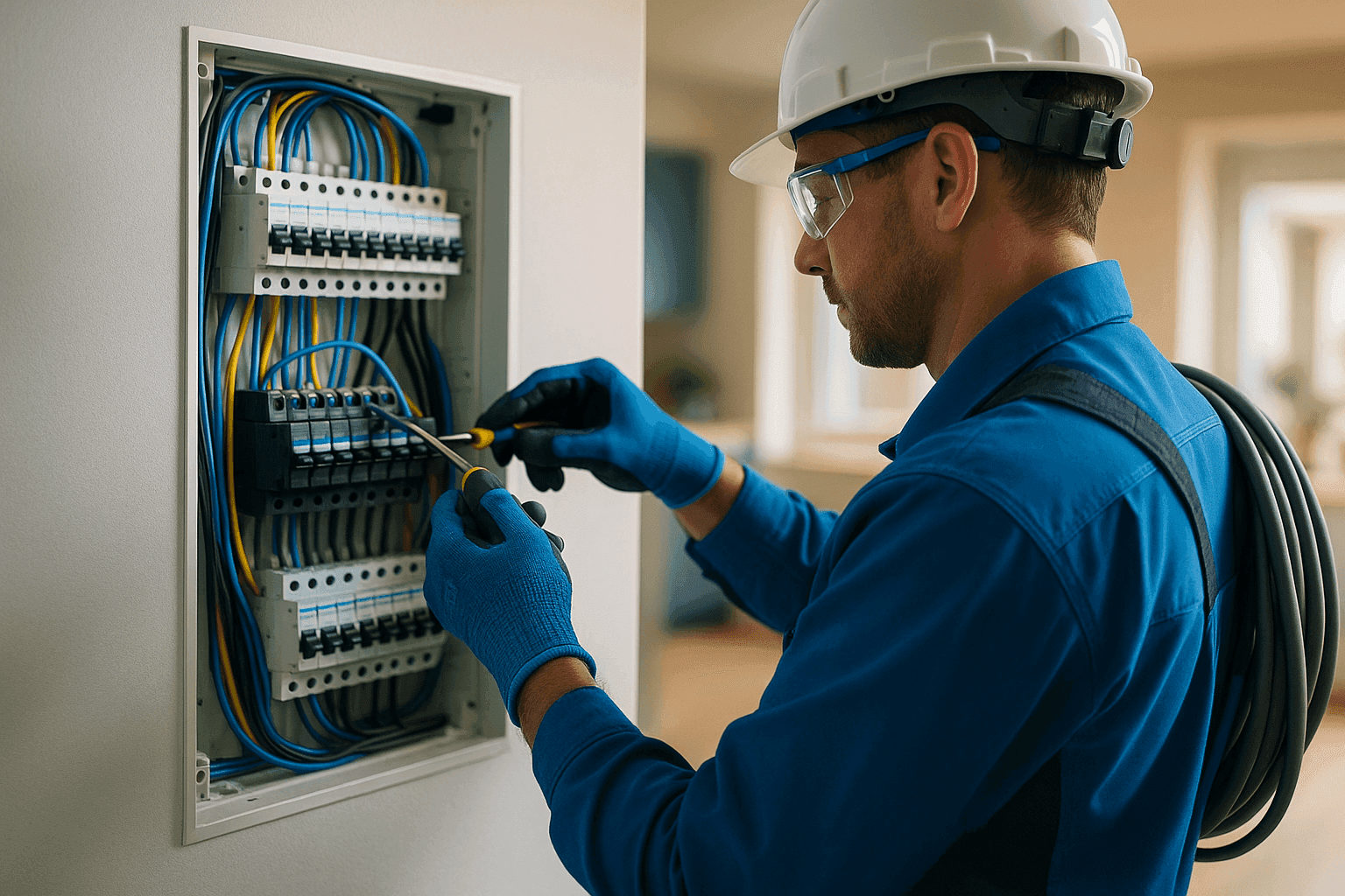 Electrician wearing gloves, goggles, and helmet working on residential electrical panel