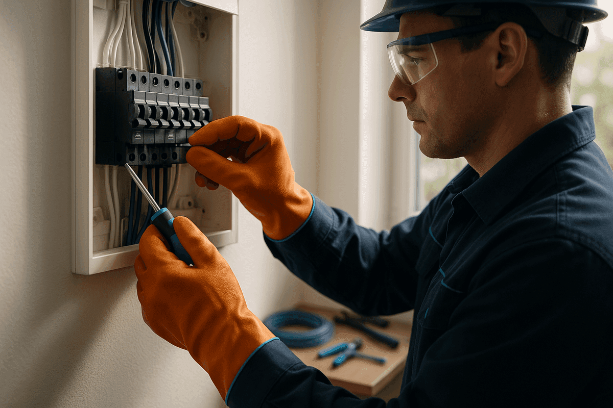 Electrician's gloved hands adjusting wiring in modern residential electrical panel