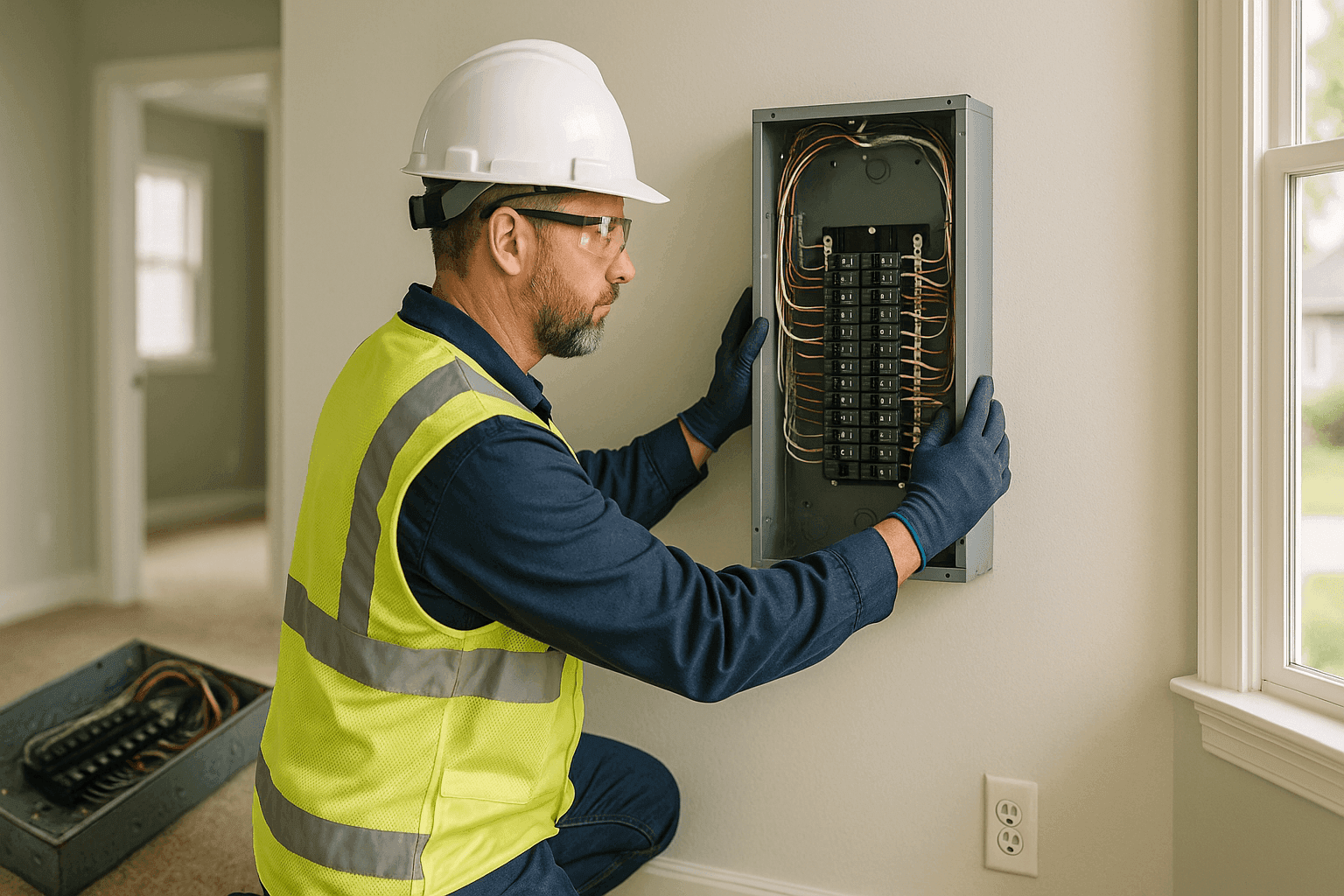 Electrician replacing old electrical panel with new one in Flint MI home