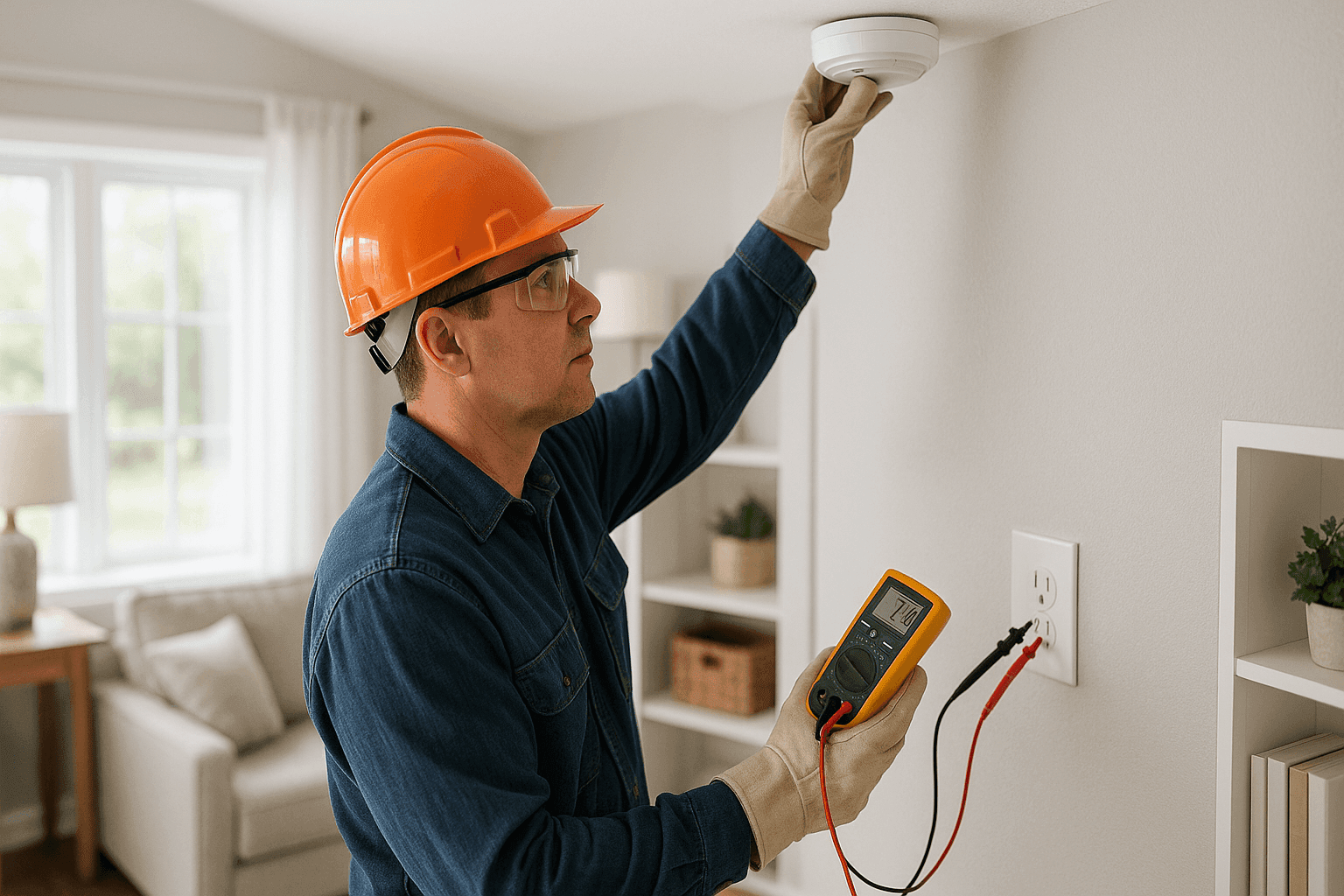 Electrician testing electrical outlets and smoke detector in Flint MI living room
