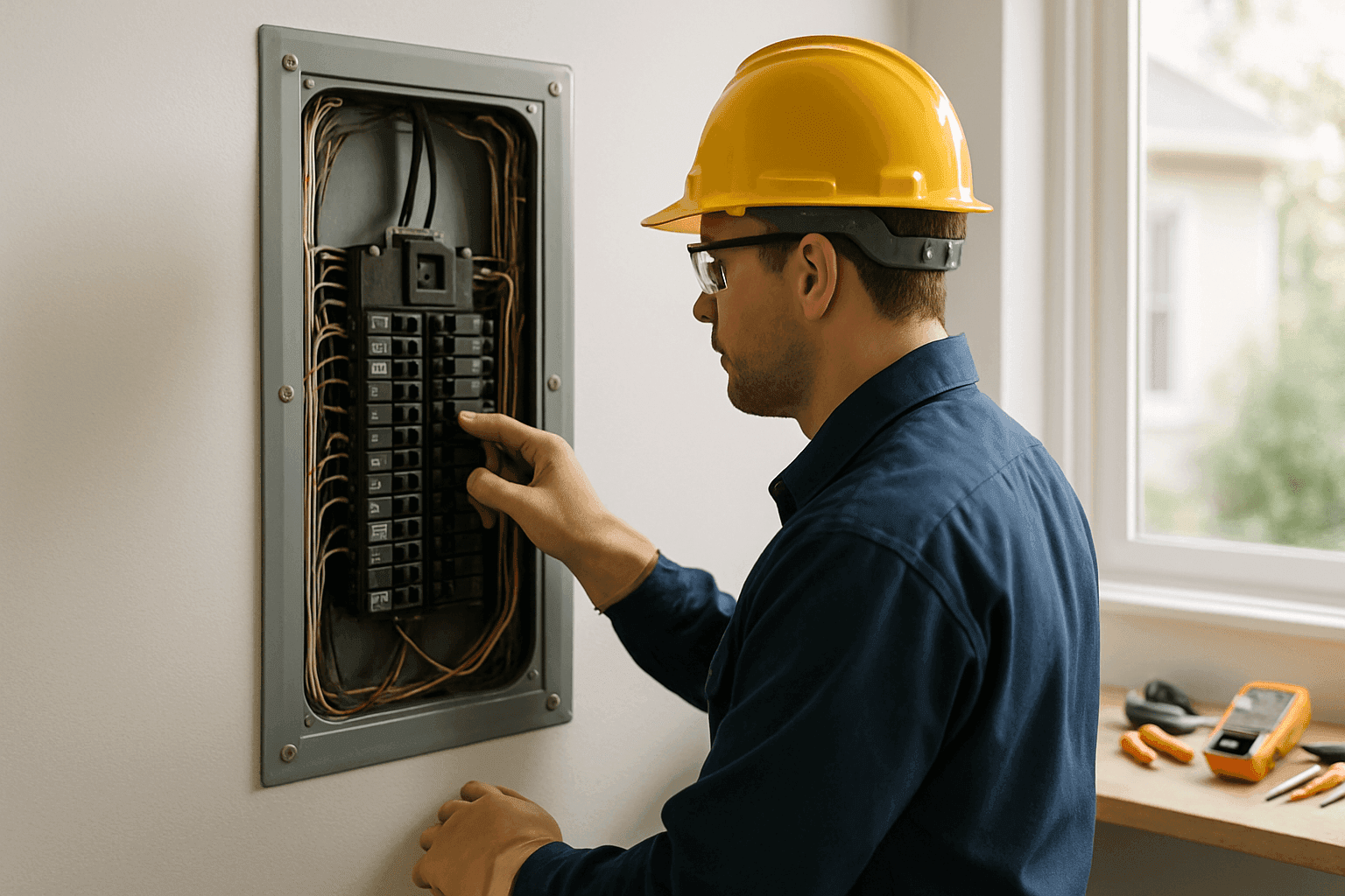 Electrician performing safety inspection on home electrical panel
