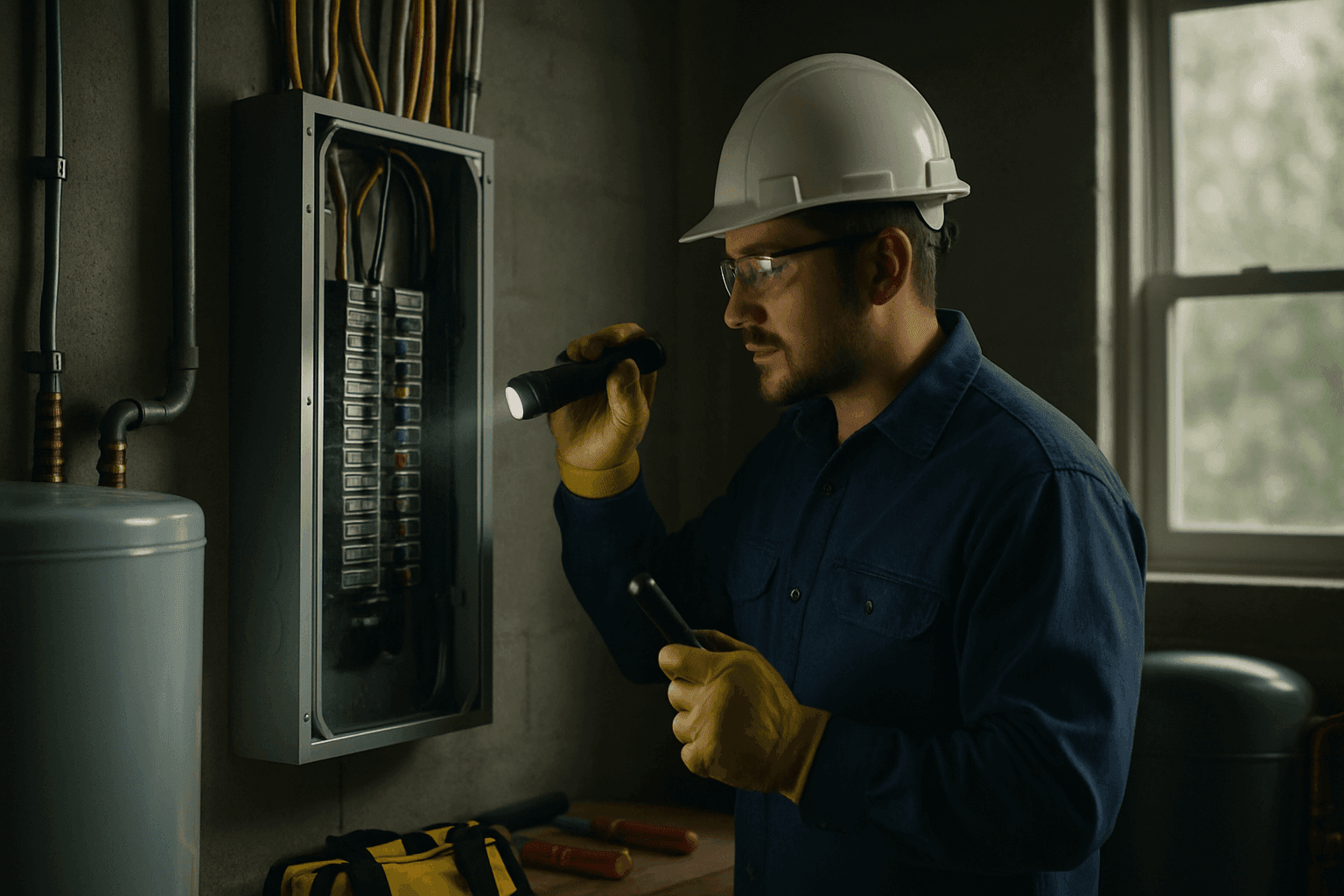 Electrician with flashlight inspecting home breaker panel during Flint MI power outage