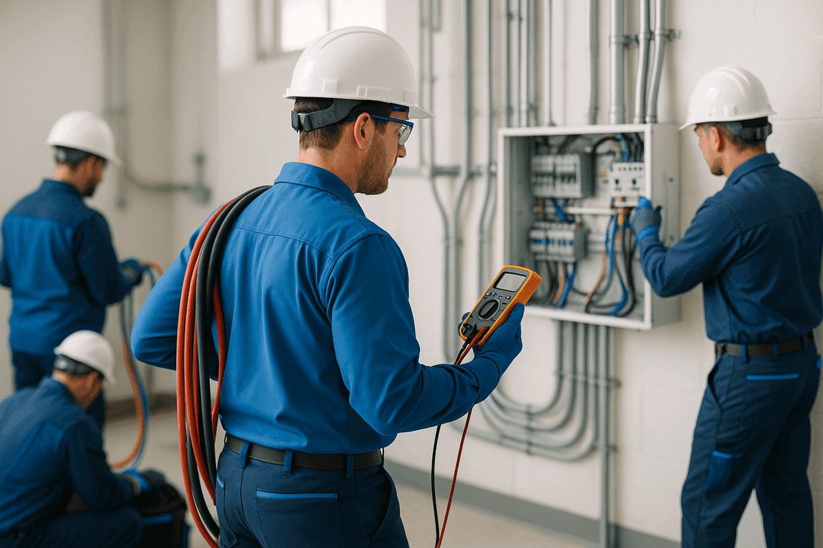Electrician's gloved hands adjusting wiring in modern residential electrical panel